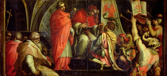 Clemens IV (1265-68) overhandigt wapens aan de leiders van de Welfische partij, van het plafond van de Salone dei Cinquecento, 1565
